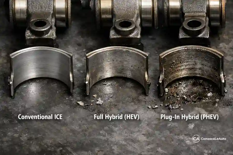 Grafica test usura materiali, mostra le differenze di usura tra motore termico, full hybrid e plug-in hybrid