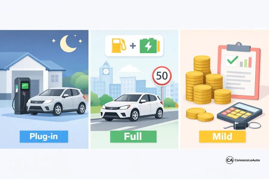 Infoanagrafica che mostra le condizioni ottimali di utilizzo delle migliori auto ibride 2026