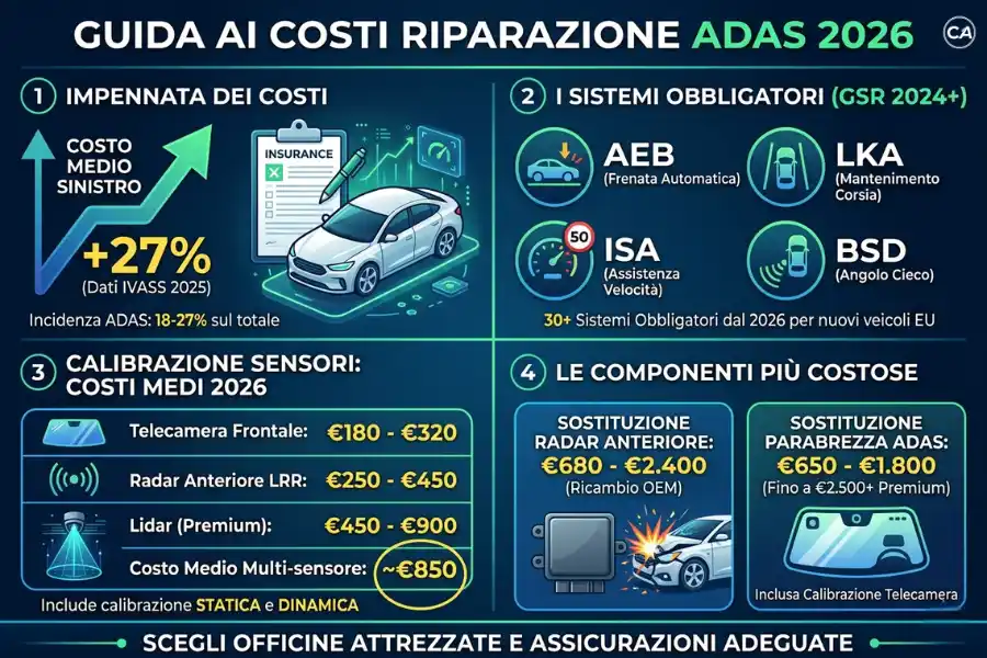 infoanagrafica che illustra i principali costi di riparazione adas 2026