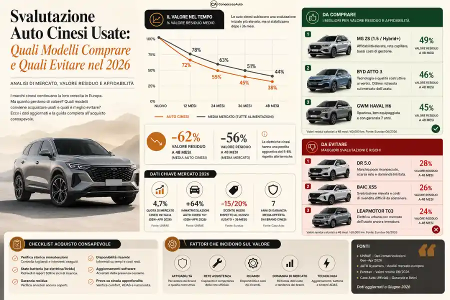 Infoanagrafica che riassume il contenuto dell'articolo svalutazione auto cinesi usate