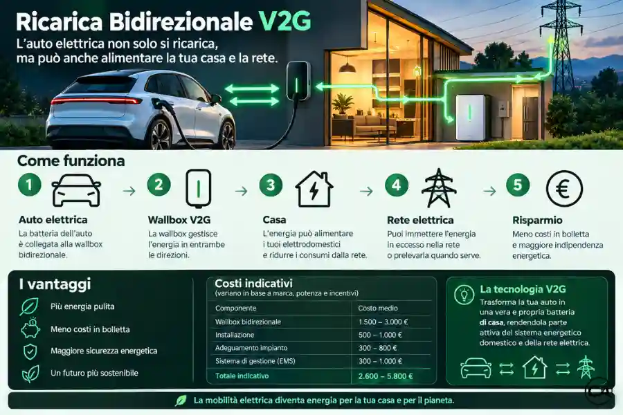 Infografica Ricarica Bidirezionale V2G Auto Elettrica